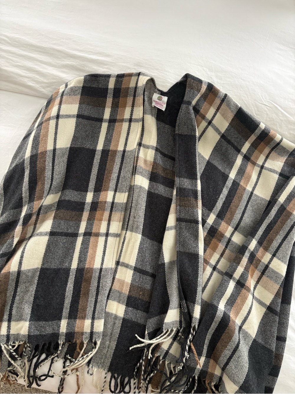 Plaid Fringe Blanket Scarf - Neutral Tones